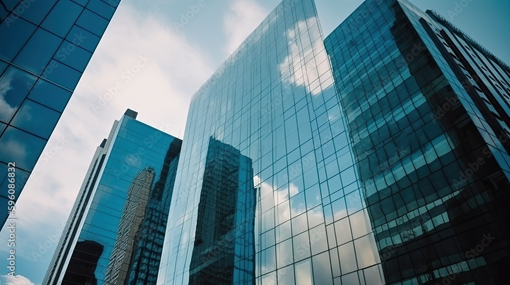 Up view of tall buildings in the financial district with reflective windows, generative ai