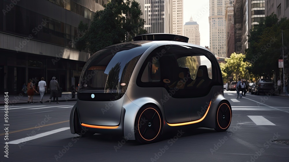 Self-driving futuristic car in a modern city, photorealistic artistic illustration, generative 