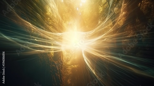 Psychic waves of light in nature, spirituality and religion. sun lighting. Generative AI