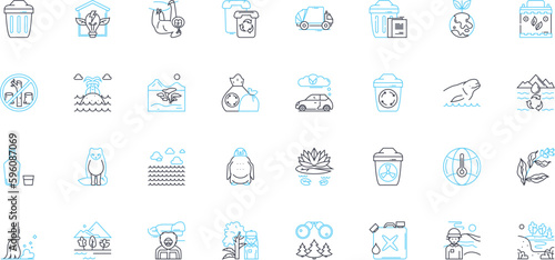 Environmental degradation linear icons set. Pollution, Deforestation, Erosion, Landfill, Overfishing, Acidification, Desertification line vector and concept signs. Poaching,Climatechange,Globalwarming photo