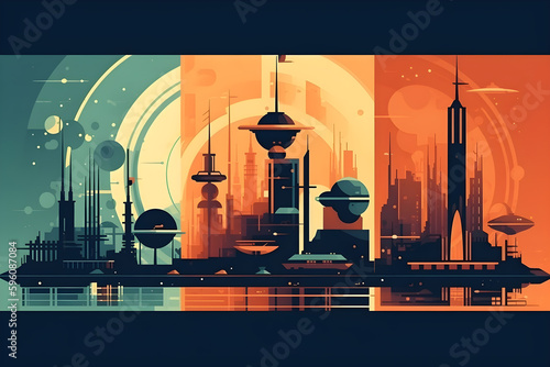 A digital illustration of a city with a planet and a spaceship in retrofuturistic style. Generative AI 