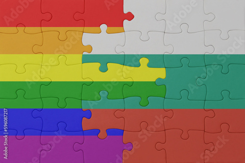 puzzle with the flag of rainbow gay pride and bulgaria . macro.concept.