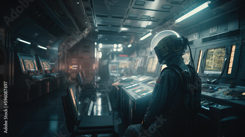 an astronaut inside a compartment with high-tech equipment.