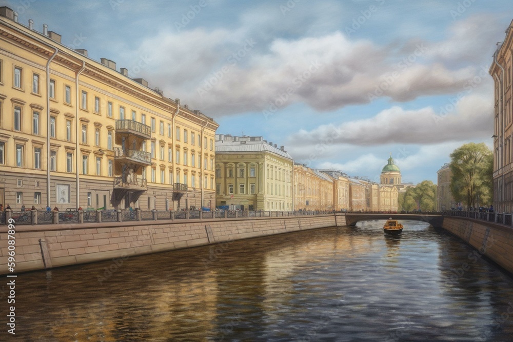 Painting in oil of Kronverksky Channel in St. Petersburg. Generative AI