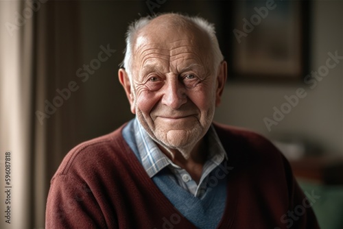 Smiling senior man posing inside a room looking at the camera. Generative AI