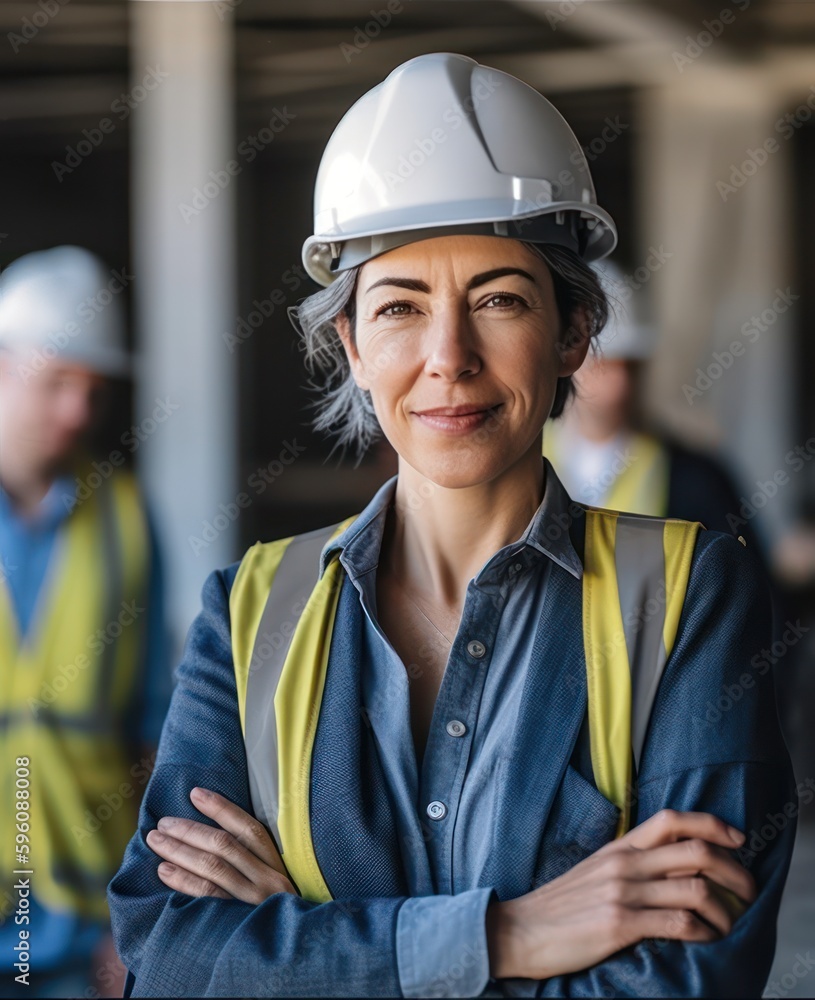 woman working on a construction site, construction hard hat and work vest, smirking, middle aged or older, Generative AI	
 - obrazy, fototapety, plakaty 