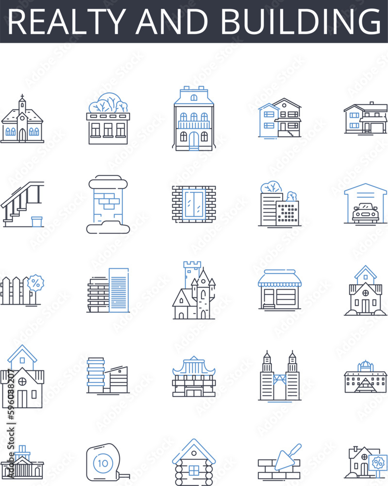 Realty and building line icons collection. Property and estate, Home and shelter, Dwelling and habitation, Residence and domicile, House and abode, Apartment and flat, Mansion and villa vector and