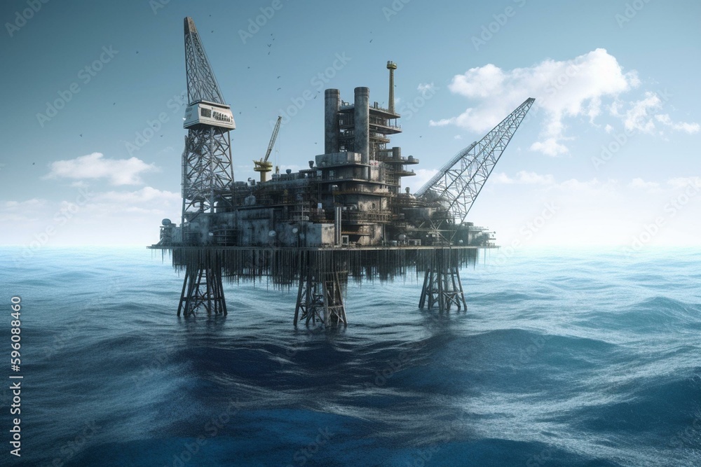 Oil rig in 3D, producing fuel amidst serene blue sea. Generative AI