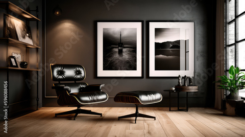 Wallpaper Mural Modern loft style living room interior with a black frame for a photo poster. Generative AI Torontodigital.ca
