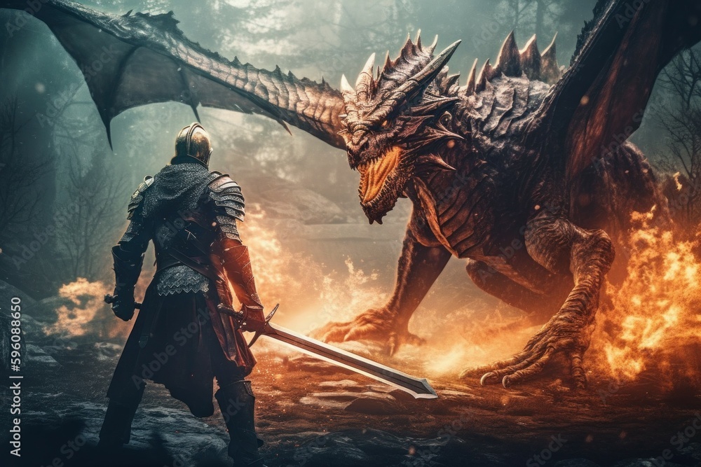 An epic battle between a knight and a dragon. AI generated, human ...