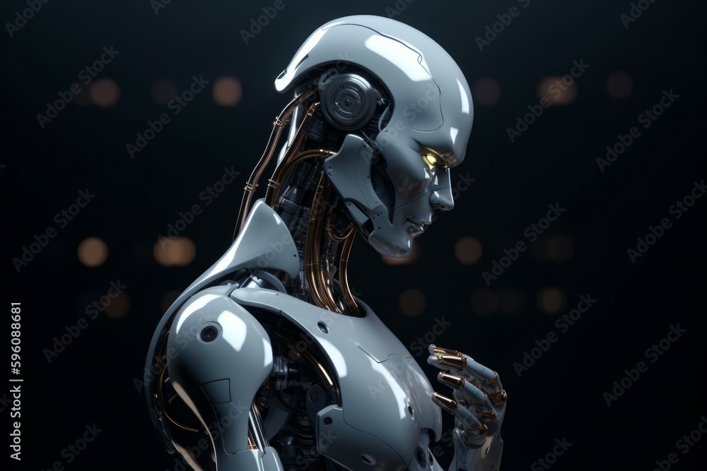 The contemporary white robot is pondering about the solution to the problem. AI generated, human enhanced The contemporary white robot is pondering about the solution to the problem. AI generated, human enhanced