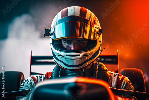 Close up view of formula racer driver, stern look. Generative AI