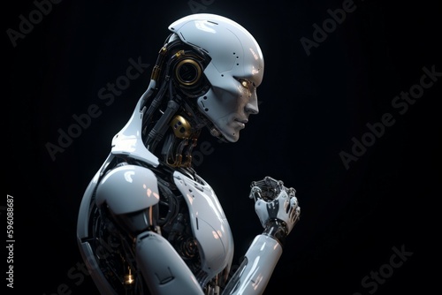 The cutting-edge white robot is deliberating on the best course of action. AI generated, human enhanced