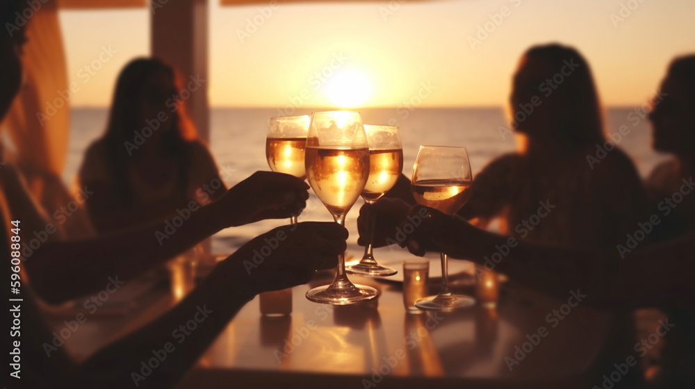 glasses of wine on cafe table,romantic couple sit and relax  on beach at sea on sunset  and drink  white wine blurred sea water ,ship in port,  summer resort ,holiday vacation  nevening,generated ai - obrazy, fototapety, plakaty 