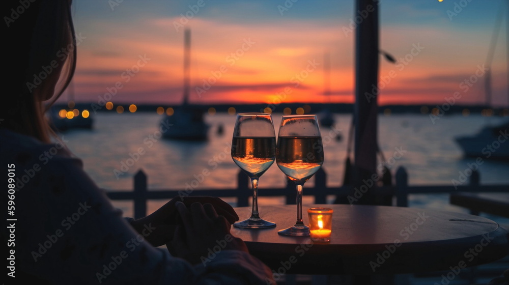 glasses of wine on cafe table,romantic couple sit and relax  on beach at sea on sunset  and drink  white wine blurred sea water ,ship in port,  summer resort ,holiday vacation  nevening,generated ai