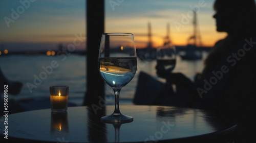 glasses of wine on cafe table romantic couple sit and relax  on beach at sea on sunset  and drink  white wine blurred sea water  ship in port   summer resort  holiday vacation  nevening generated ai