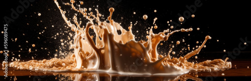Banner with isolated splashes of milk and coffee or cocoa. Space for text. Generative AI.