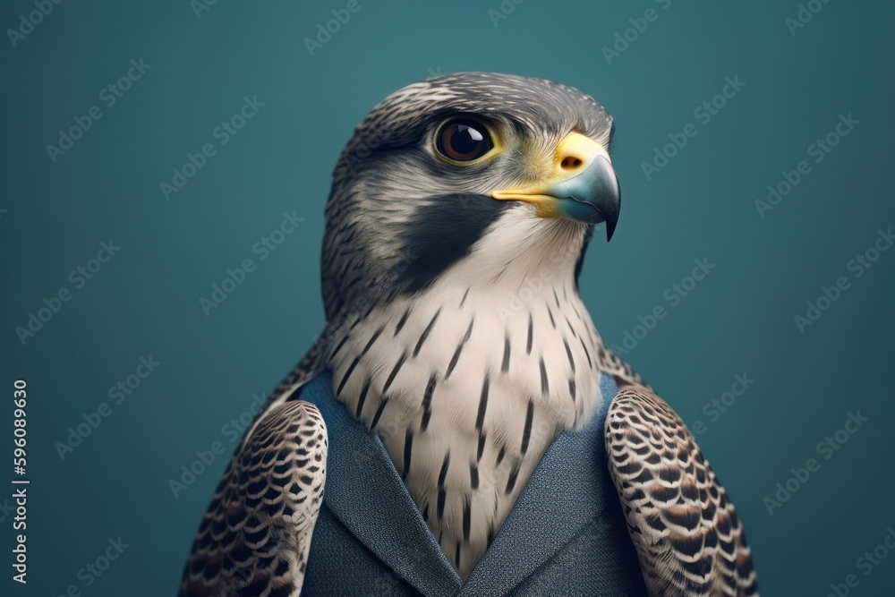 Anthropomorphic falcon dressed in a suit like a businessman. Business Concept. AI generated, human enhanced. Anthropomorphic falcon dressed in a suit like a businessman. Business Concept. AI generated, human enhanced.