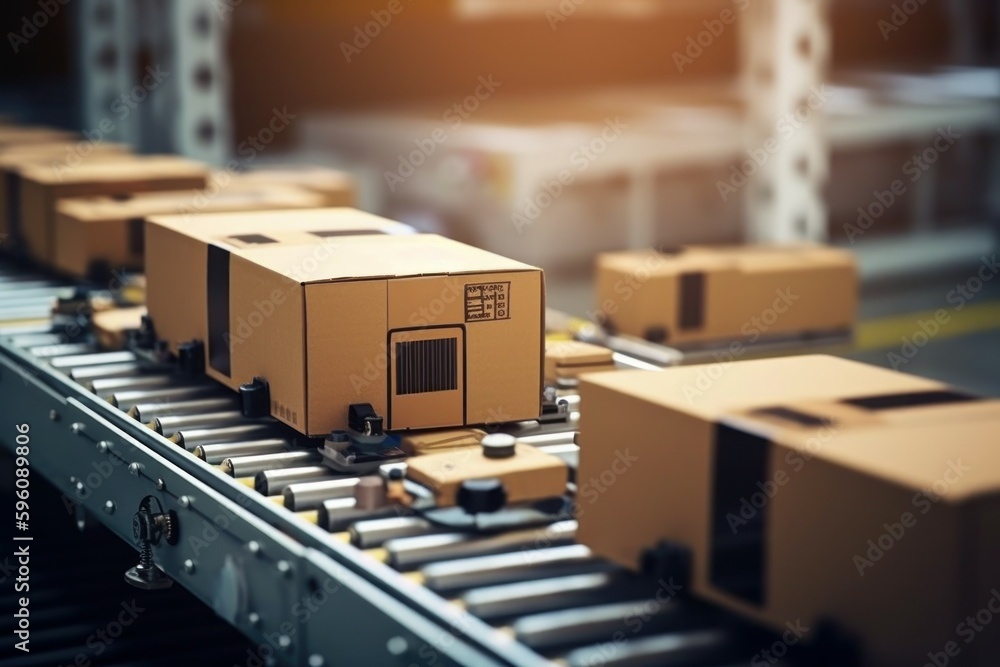 The parcel is on the conveyor belt. Concept of automatic logistics management. AI generated, human enhanced The parcel is on the conveyor belt. Concept of automatic logistics management. AI generated, human enhanced