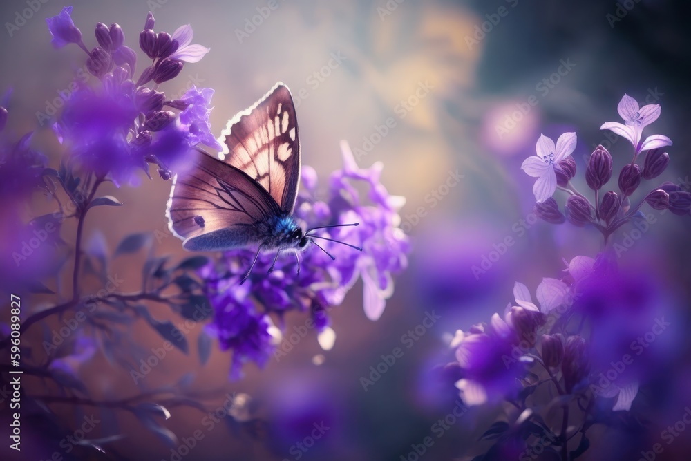 Romantic natural floral background with a butterfly on flower with bokeh, close-up macro. AI generated, human enhanced Romantic natural floral background with a butterfly on flower with bokeh, close-up macro. AI generated, human enhanced