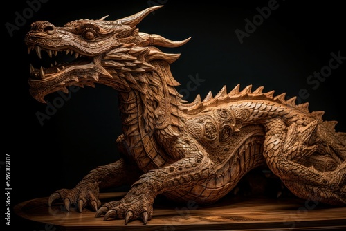 Giant green wooden dragon sculpture. AI generated  human enhanced.