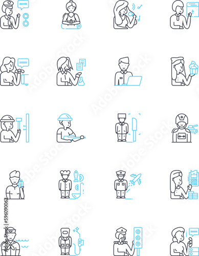 Skillful professions linear icons set. Expert, Artisan, Skilled, Masterful, Adept, Proficient, Craftsperson line vector and concept signs. Experienced,Talented,Accomplished outline illustrations