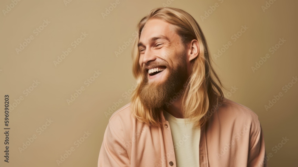 Obraz premium Studio portrait of a fictional handsome nordic man with long blonde hair and a beard laughing candidly. Isolated on a plain background. Generative AI illustration.