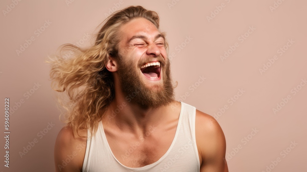 Portrait of a fictional handsome nordic man with long blonde hair and a beard laughing candidly. Isolated on a plain background. Generative AI illustration. - obrazy, fototapety, plakaty 