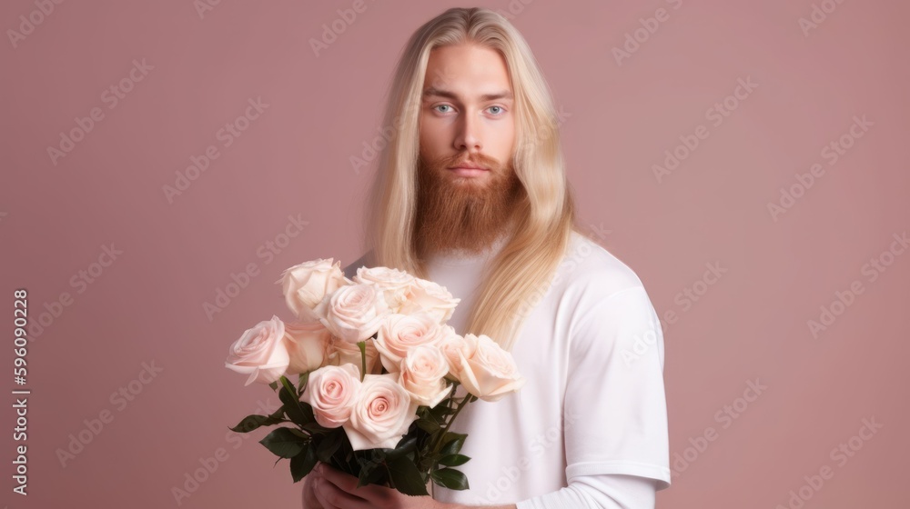Studio portrait of a fictional elegant nordic man with long blonde hair and a beard, holding a bouquet of pink roses. Isolated on a plain background. Generative AI illustration.