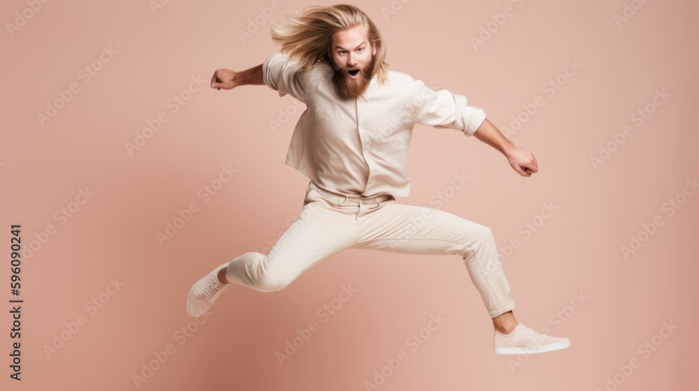 Fullbody portrait of a fictional nordic man with long blonde hair and a beard jumping in the air in casual clothes. Isolated on a plain background. Generative AI illustration.