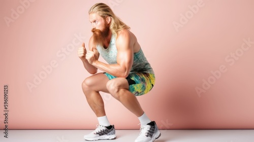 Fullbody portrait of a fictional nordic man with long blonde hair and a beard doing squat fitness exercise. Isolated on a plain green background. Generative AI illustration. photo