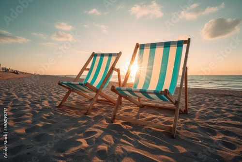 two deck chairs on the beach at sunset Generative AI