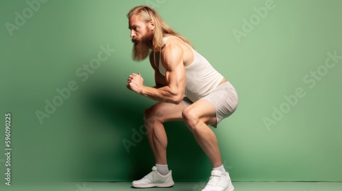 Fullbody portrait of a fictional nordic man with long blonde hair and a beard doing squat fitness exercise. Isolated on a plain green background. Generative AI illustration.