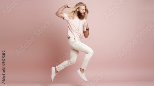 Fullbody portrait of a fictional nordic man with long blonde hair and a beard, in movement and wearing casual clothes. Isolated on a plain background. Generative AI illustration. photo