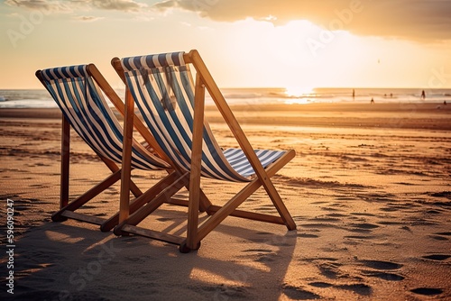 two deck chairs on the beach at sunset Generative AI