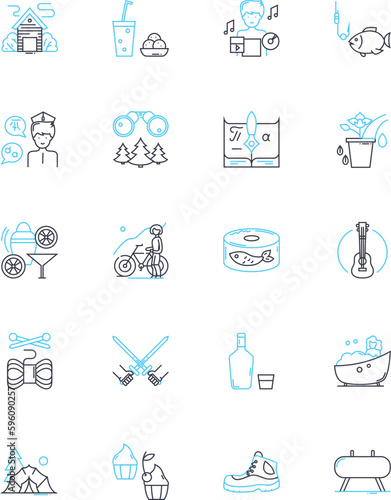 Fun fair linear icons set. Carousel, Ferris wheel, Rollercoaster, Funhouse, Bumper cars, Candy-floss, Popcorn line vector and concept signs. Games,Arcade,Thrillrides outline illustrations