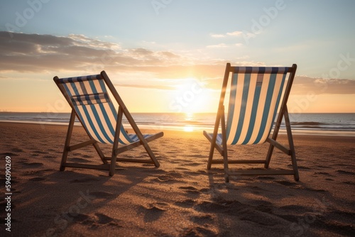 two deck chairs on the beach at sunset Generative AI
