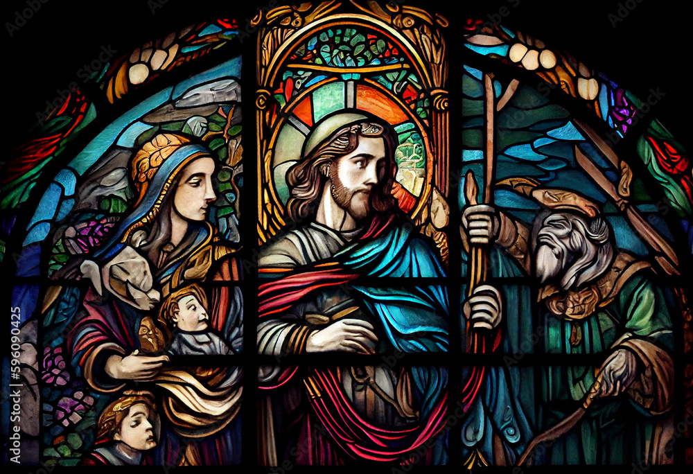 Fototapeta premium An ornate stained glass window depicting a scene from a religious story, capturing the beauty of divine narratives, watercolor style Generative AI