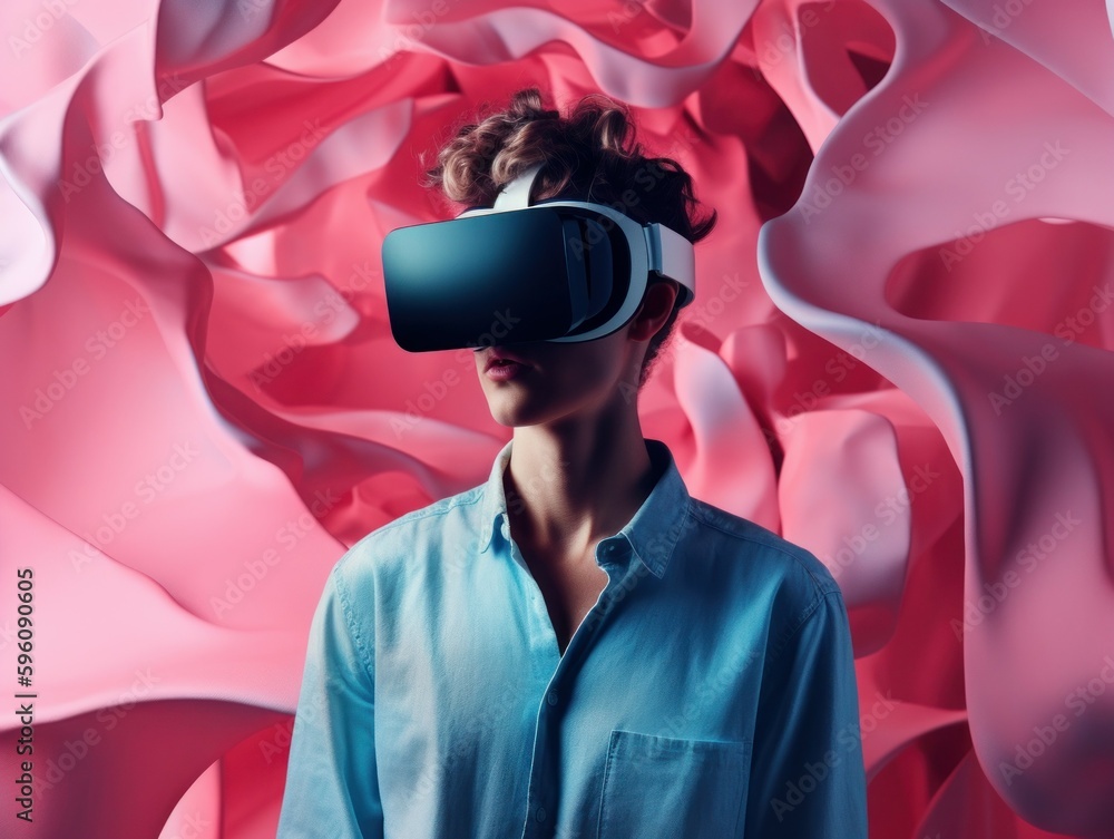 Young man wearing virtual reality glasses in neon colors. AI generated, human enhanced. Young man wearing virtual reality glasses in neon colors. AI generated, human enhanced.