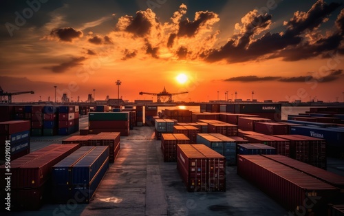 sunset at the port with shipping containers