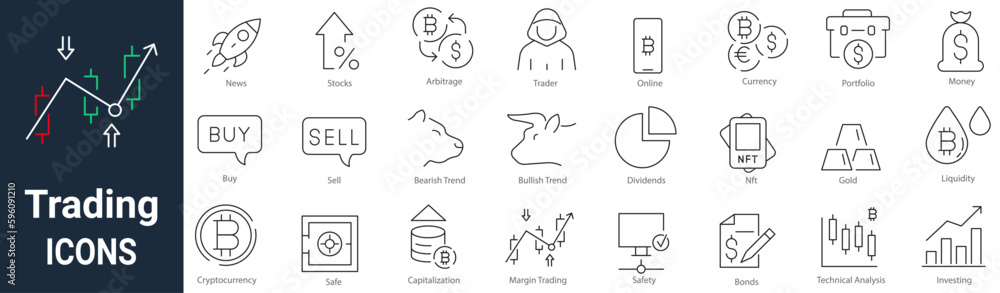 Set of 24 linear icon trading. Editable stroke. Cryptocurrency, Investing, Bitcoin. Set of 24 linear icon trading. Editable stroke. Cryptocurrency, Investing, Bitcoin.