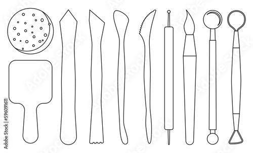 Set of modern pottery tools. Collection of wooden tools for clay sculpture making line art, outline. Art studio equipment. Craft hobby elements. Vector illustration in flat style isolated background