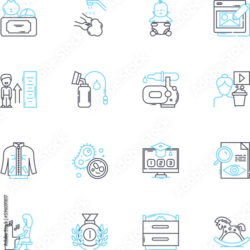 Toddlers linear icons set. urious, energetic, playful, independent, imaginative, noisy, adventurous line vector and concept signs. mischievous, exploratory, expressive outline illustrations