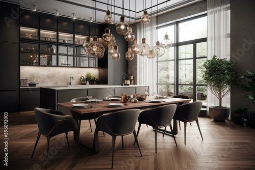 Chic kitchen with luxurious dining table, large window and modern decor, 3D rendering. Generative AI