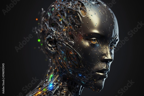 Illustration einer künstlichen Intelligenz. Cyborg Kopf mit starkem Ausdruck und elektronischen Elementen. Roboter Porträt. Generativ KI 