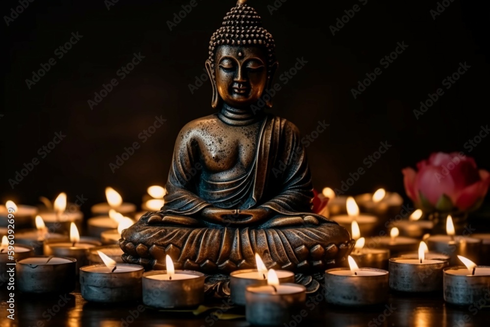 Fototapeta premium Buddha statue in meditation with lotus flower and burning candles. Meditation, spiritual health, peace, searching zen concept. AI generative