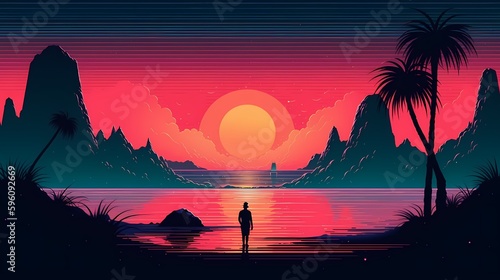 Landscape Sunset on tropical beach with palm tree generated ai	
