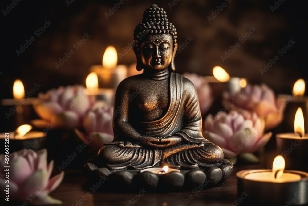 Fototapeta premium Buddha statue in meditation with lotus flower and burning candles. Meditation, spiritual health, peace, searching zen concept. AI generative