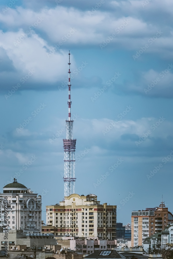 Obraz premium Kyiv, Ukraine - April 24, 2023: The streets of Kyiv city and Kyiv TV Tower.
