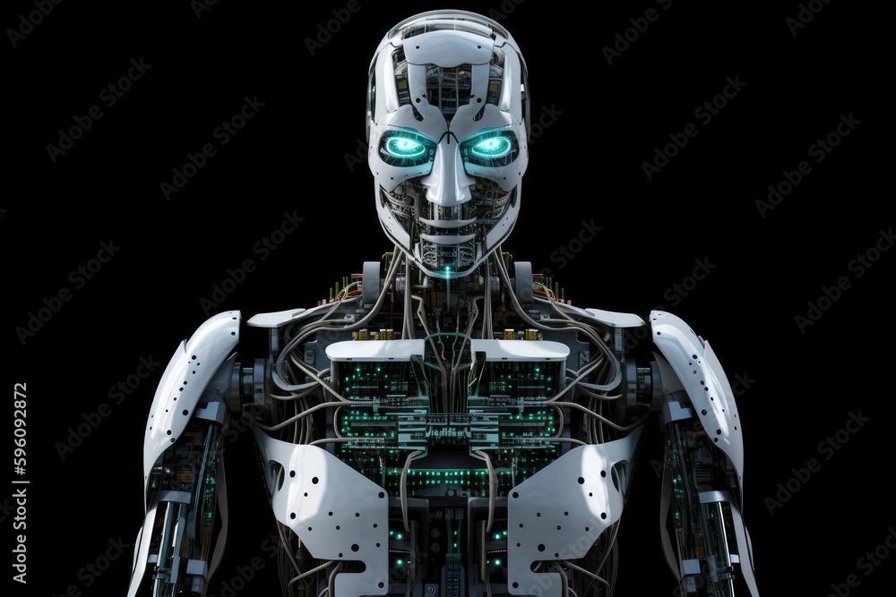 futuristic robot with glowing green eyes on a dark black background. Generative AI futuristic robot with glowing green eyes on a dark black background. Generative AI